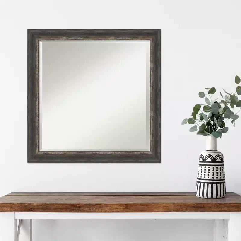 Specchio da Parete Quadrato Incorniciato 24" x 24" con Bordo Smussato – Finitura Carbone Rustico