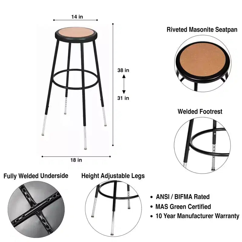 Set di 2 sgabelli da bar Hampden Furnishings regolabili in altezza da 81 a 99 cm, in acciaio resistente, colore nero: telaio rotondo moderno, capacità 136 kg