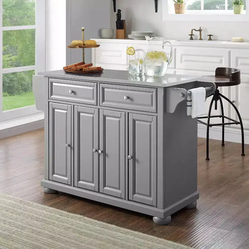 Carrello da cucina con isola e piano in acciaio inox e contenitore