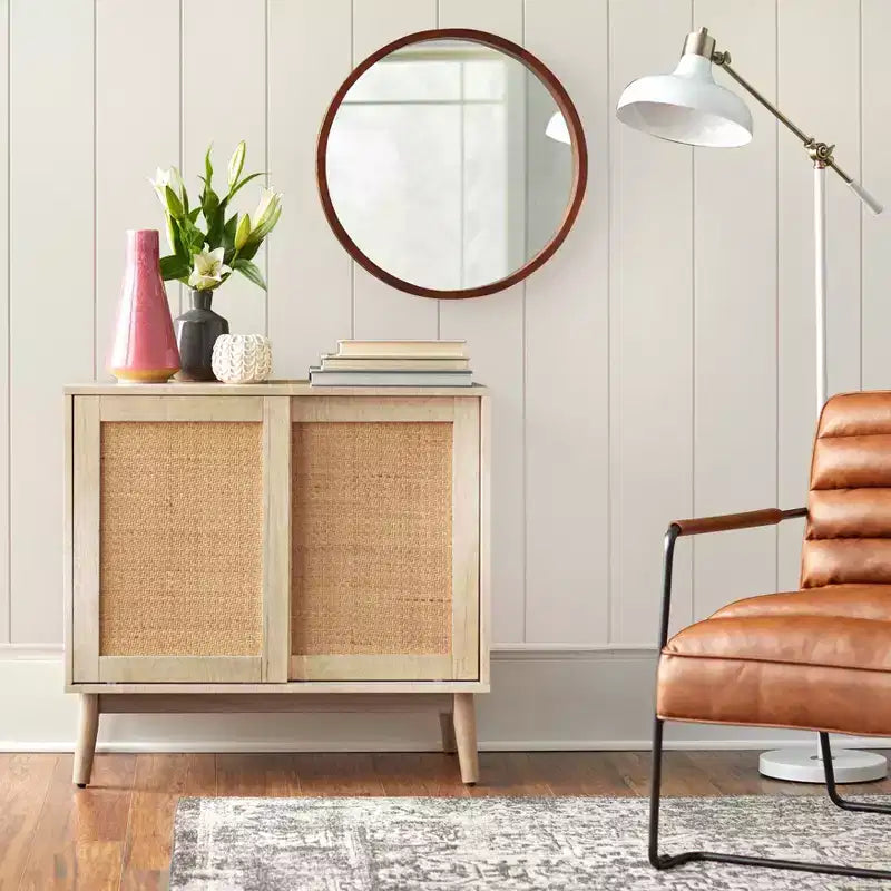 Credenza a muro con ante scorrevoli in rattan – Finitura naturale, stile moderno di metà secolo