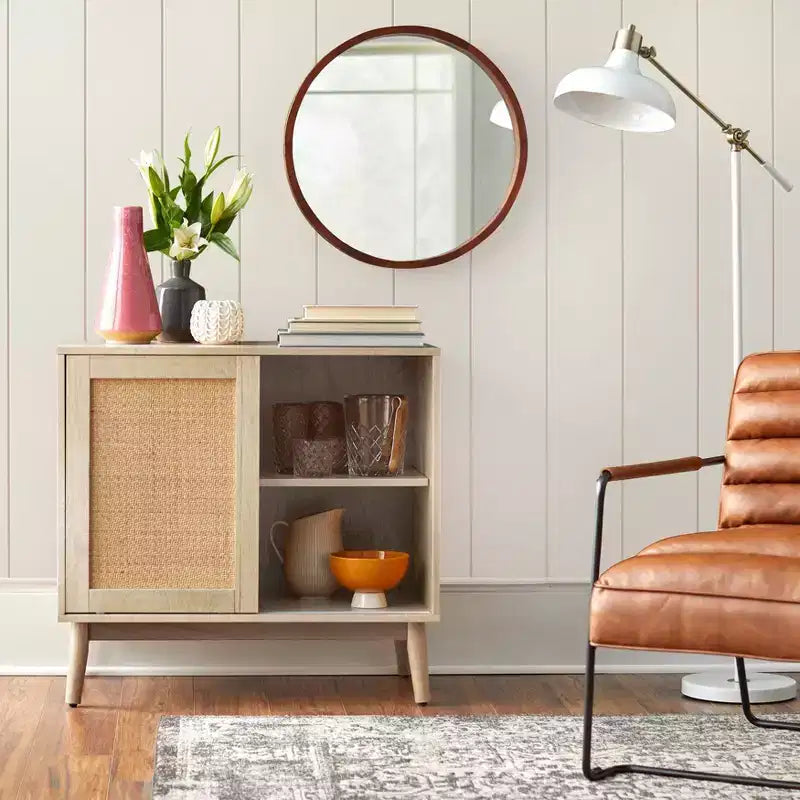 Credenza a muro con ante scorrevoli in rattan – Finitura naturale, stile moderno di metà secolo