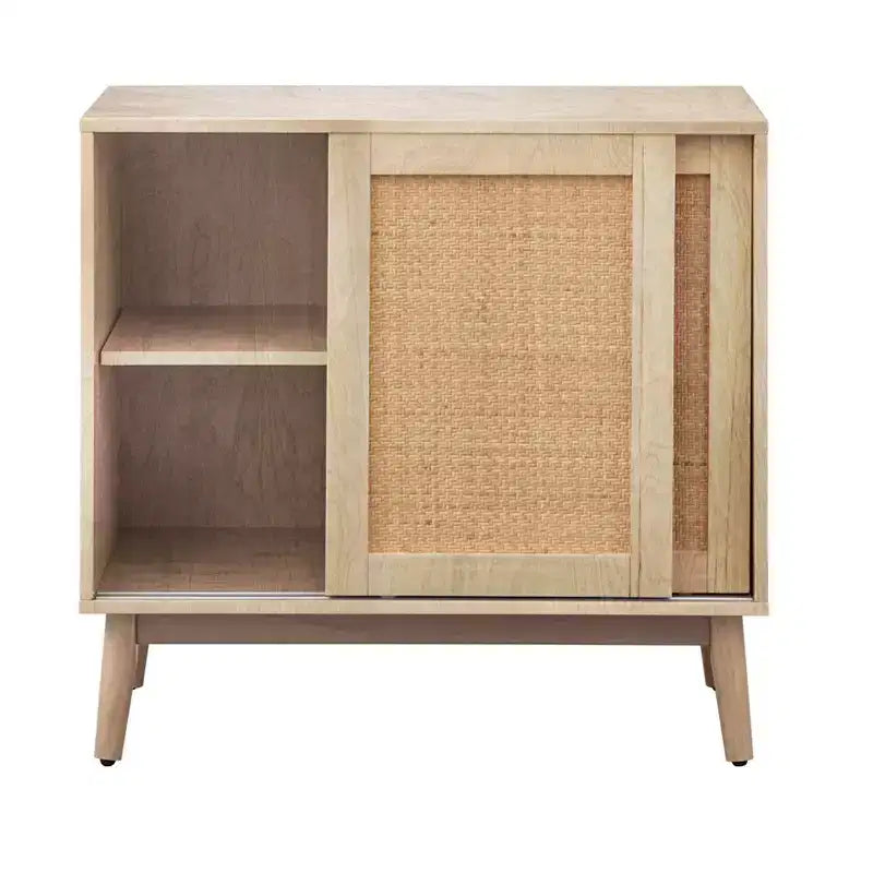 Credenza a muro con ante scorrevoli in rattan – Finitura naturale, stile moderno di metà secolo