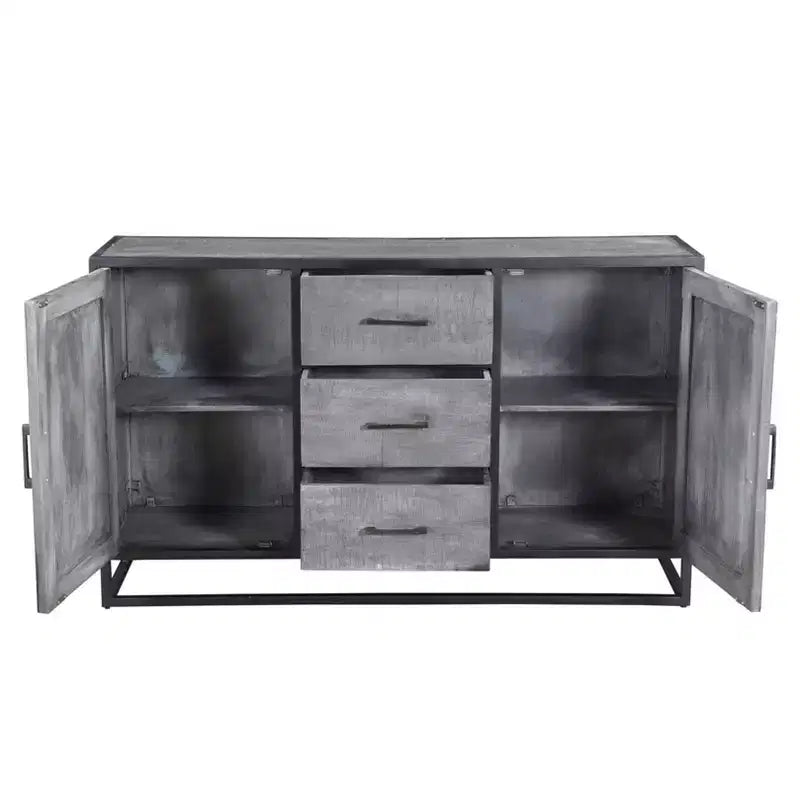 Credenza in legno di mango con struttura in metallo, finitura grigia – 3 cassetti e 2 ante