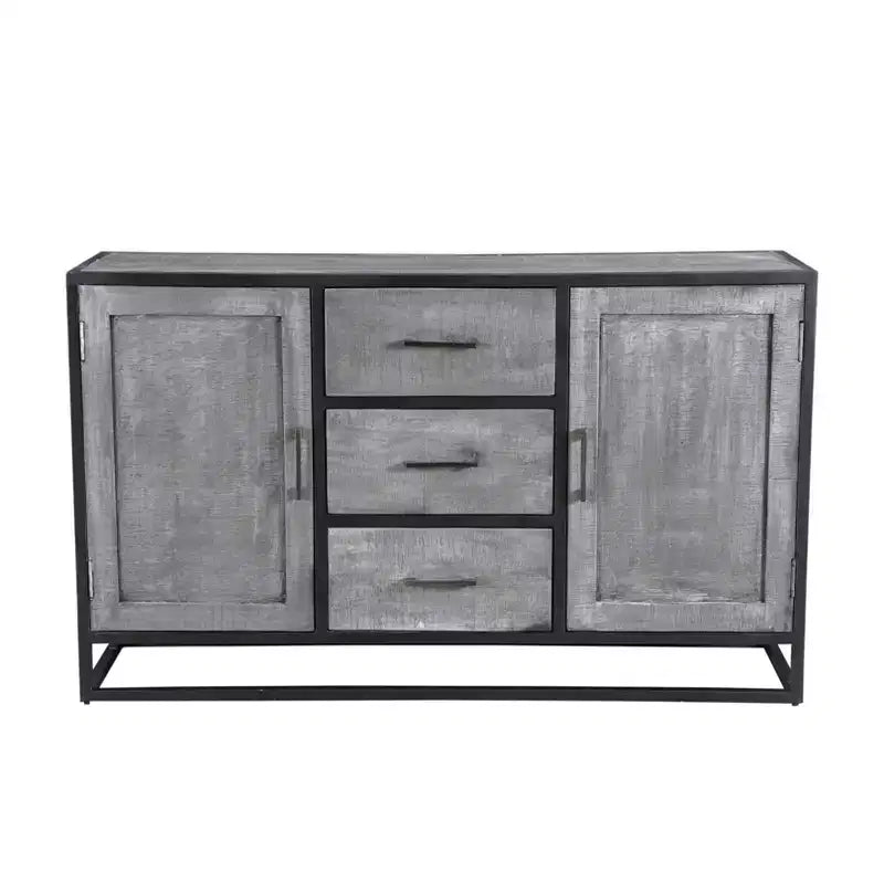Credenza in legno di mango con struttura in metallo, finitura grigia – 3 cassetti e 2 ante