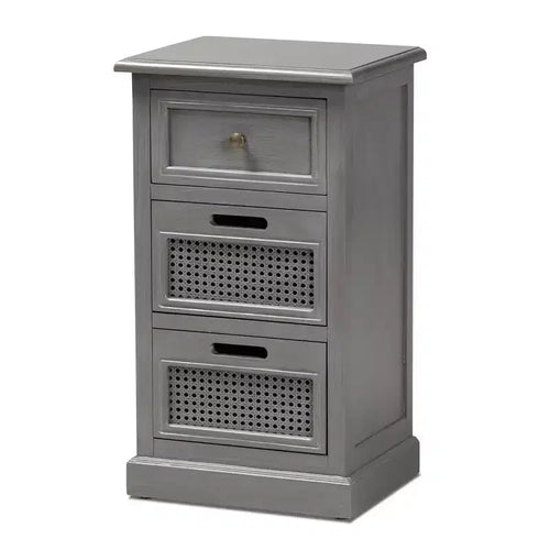 Sheldon Vintage Wood and Synthetic Rattan 3 Drawer Nightstand Gray - Baxton Studio