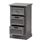Comodino a 3 cassetti con frontali in rattan, grigio