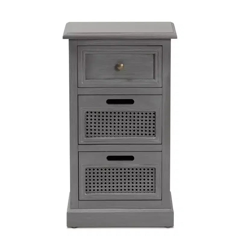 Comodino a 3 cassetti con frontali in rattan, grigio