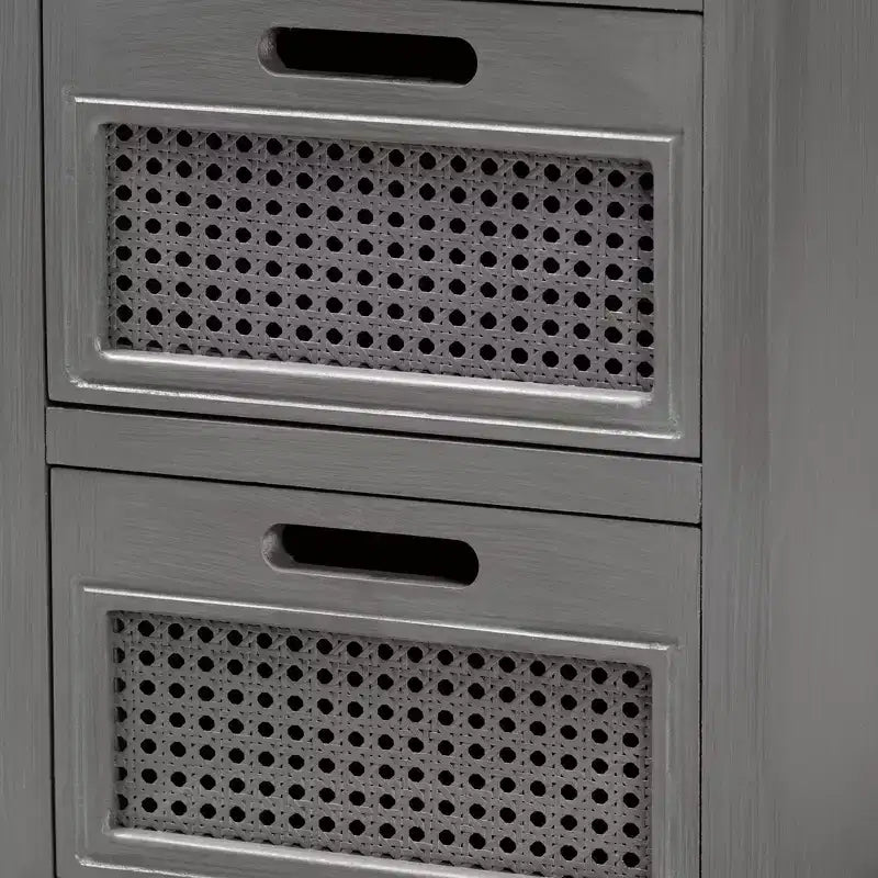 Comodino a 3 cassetti con frontali in rattan, grigio