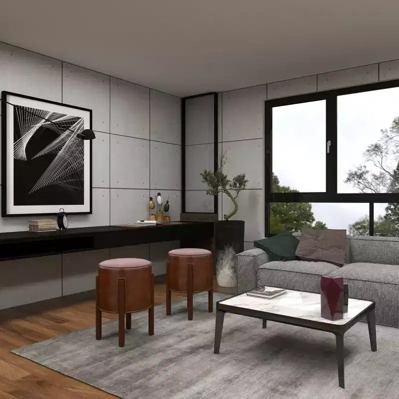 Sgabello poggiapiedi rotondo in pelle capitonné con struttura in legno, marrone