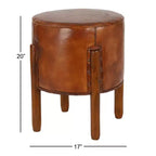 Sgabello poggiapiedi rotondo in pelle capitonné con struttura in legno, marrone