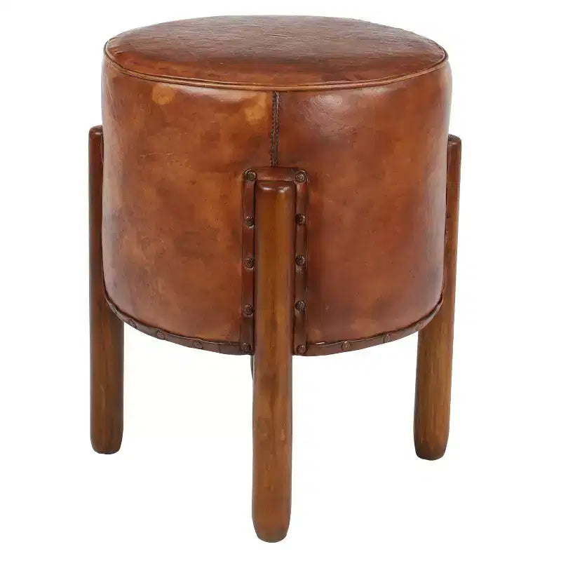 Sgabello poggiapiedi rotondo in pelle capitonné con struttura in legno, marrone