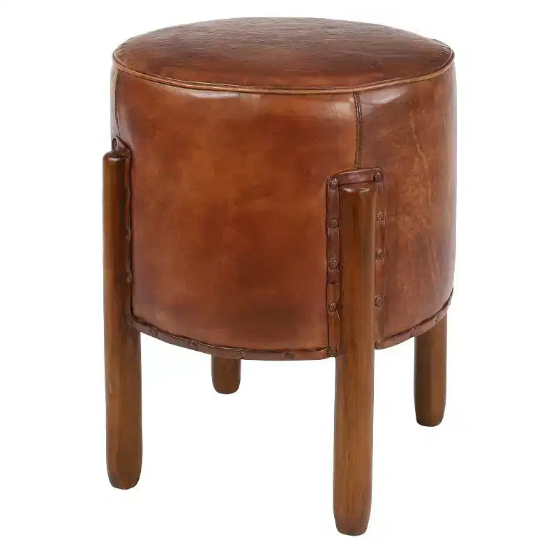 Sgabello poggiapiedi rotondo in pelle capitonné con struttura in legno, marrone