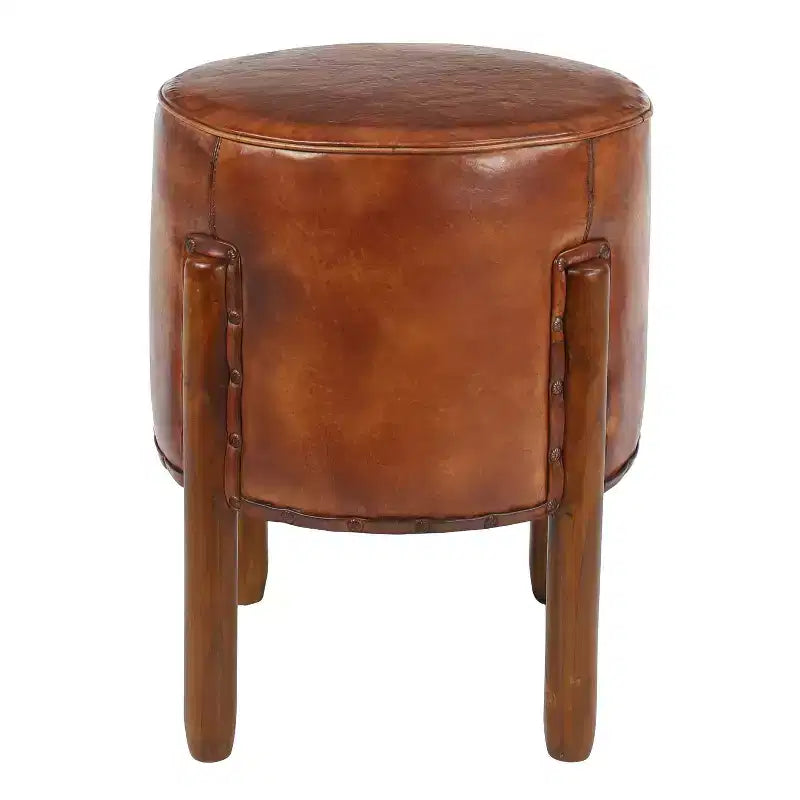 Sgabello poggiapiedi rotondo in pelle capitonné con struttura in legno, marrone