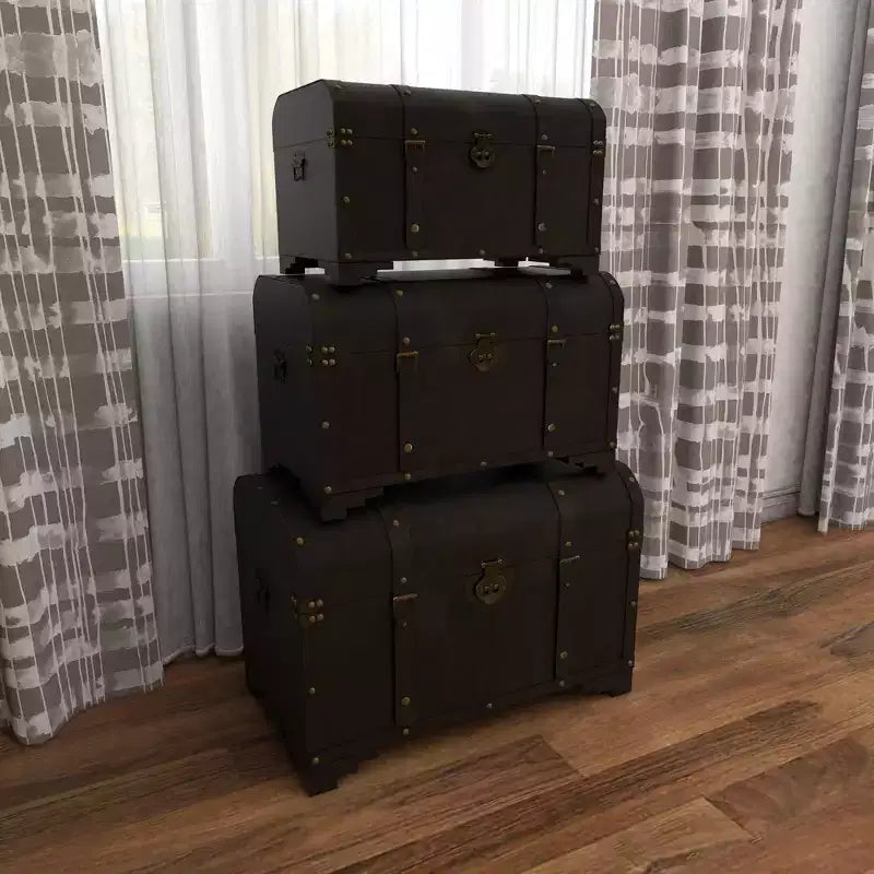 Set di 3 Bauli Decorativi Contenitori – Marrone Scuro, Finitura Anticata