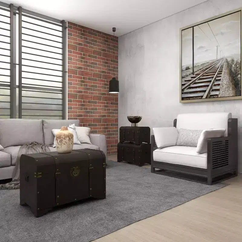 Set di 3 Bauli Decorativi Contenitori – Marrone Scuro, Finitura Anticata
