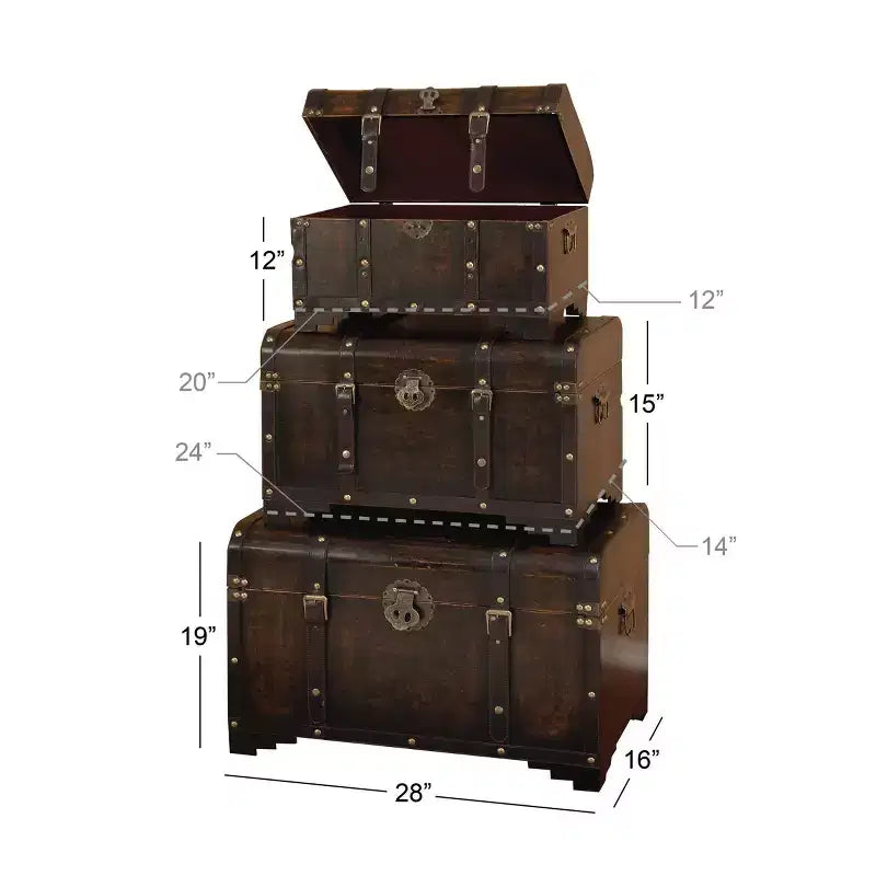 Set di 3 Bauli Decorativi Contenitori – Marrone Scuro, Finitura Anticata