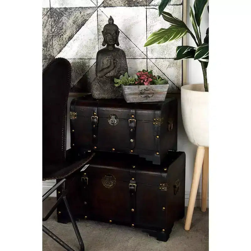 Set di 3 Bauli Decorativi Contenitori – Marrone Scuro, Finitura Anticata