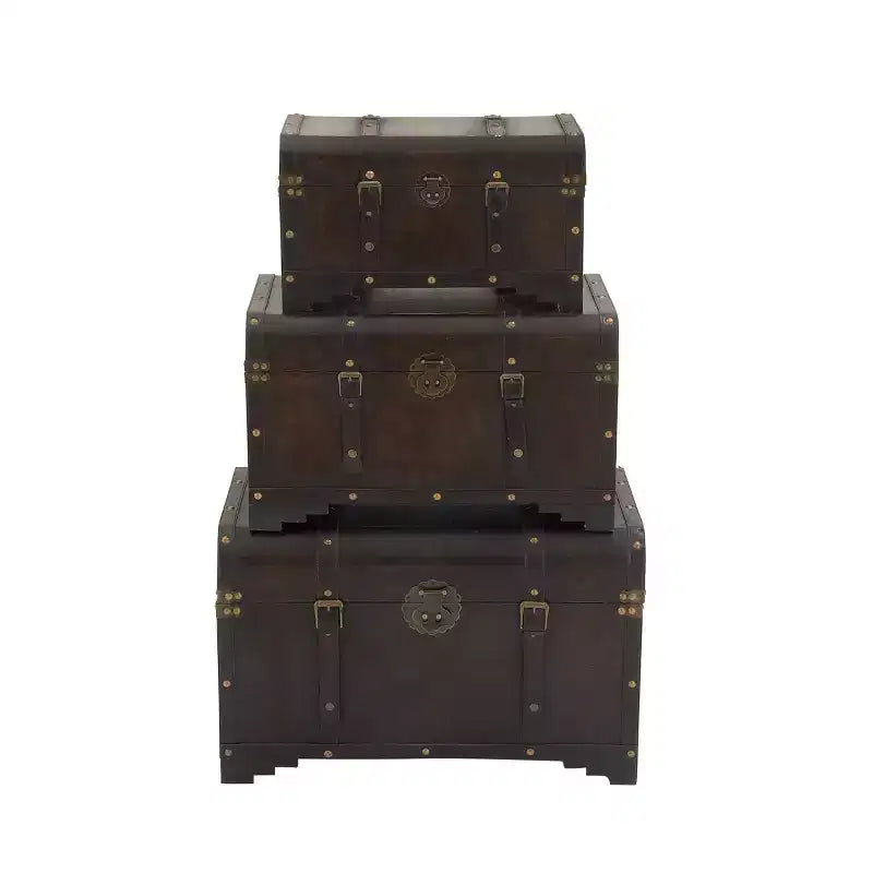 Set di 3 Bauli Decorativi Contenitori – Marrone Scuro, Finitura Anticata