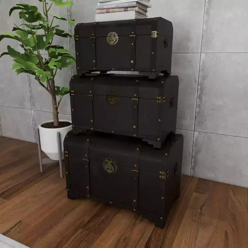 Set di 3 Bauli Decorativi Contenitori – Marrone Scuro, Finitura Anticata
