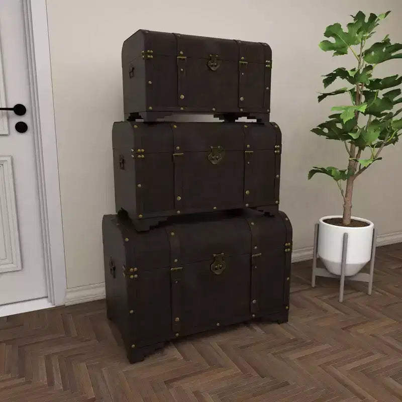 Set di 3 Bauli Decorativi Contenitori – Marrone Scuro, Finitura Anticata