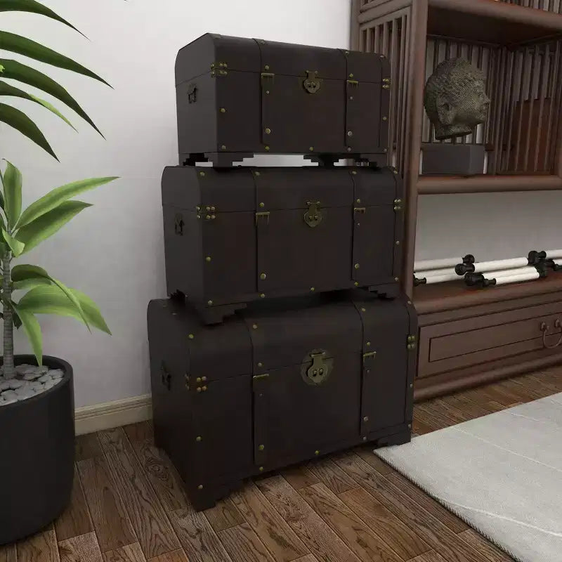 Set di 3 Bauli Decorativi Contenitori – Marrone Scuro, Finitura Anticata
