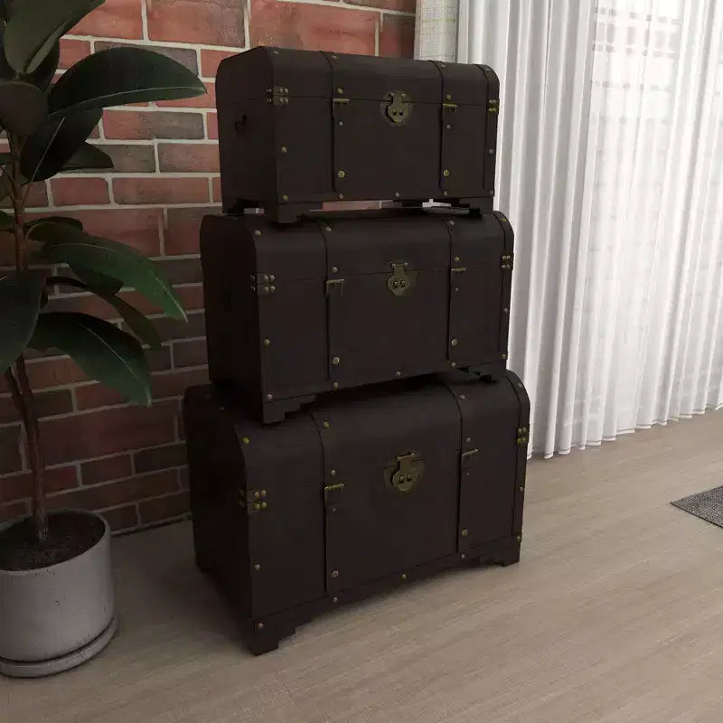 Set di 3 Bauli Decorativi Contenitori – Marrone Scuro, Finitura Anticata