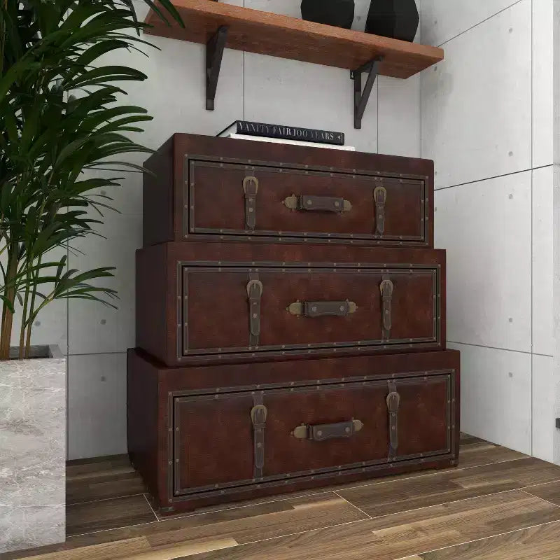 Cassettiera tradizionale in similpelle e legno con 3 cassetti – Marrone
