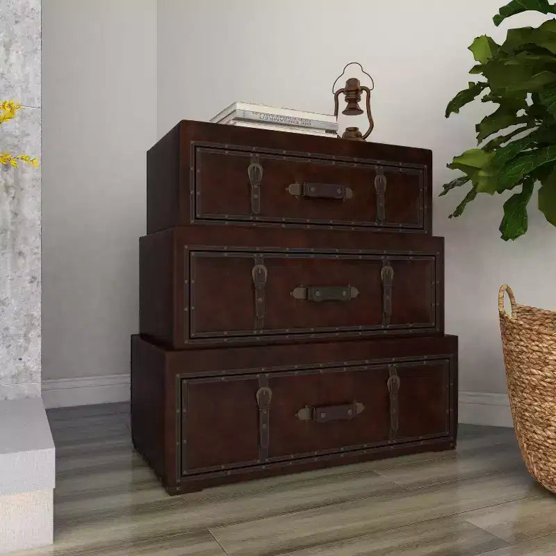 Cassettiera tradizionale in similpelle e legno con 3 cassetti – Marrone