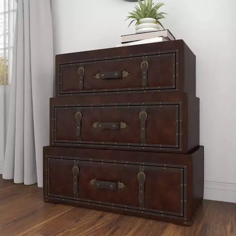 Cassettiera tradizionale in similpelle e legno con 3 cassetti – Marrone