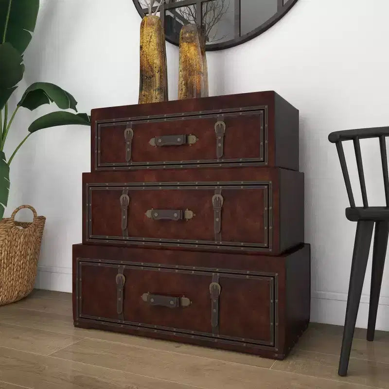 Cassettiera tradizionale in similpelle e legno con 3 cassetti – Marrone