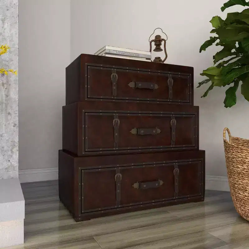 Cassettiera tradizionale in similpelle e legno con 3 cassetti – Marrone