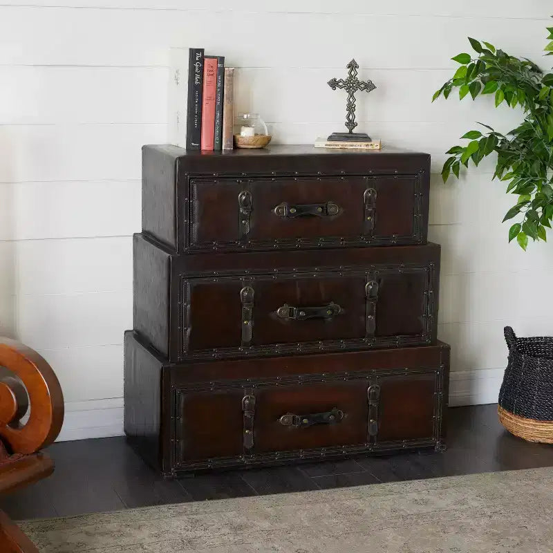 Cassettiera tradizionale in similpelle e legno con 3 cassetti – Marrone