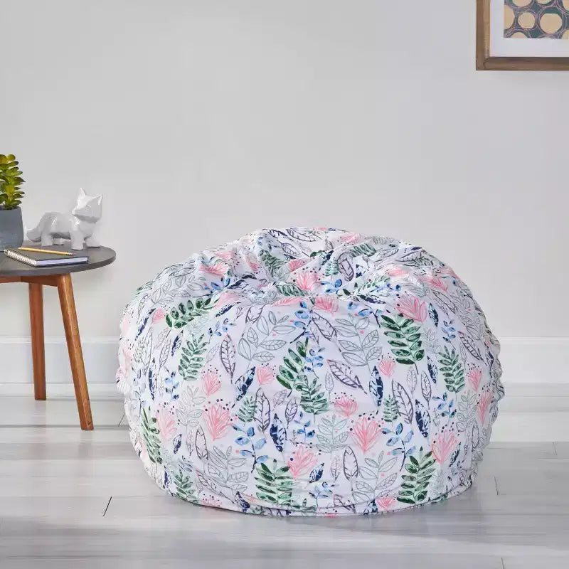Pouf rotondo in tessuto con stampa a fiori e foglie - Bianco