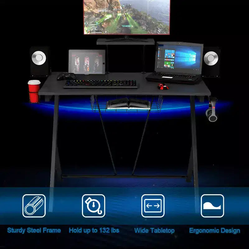 Scrivania da gaming con gancio per cuffie e portabicchieri
