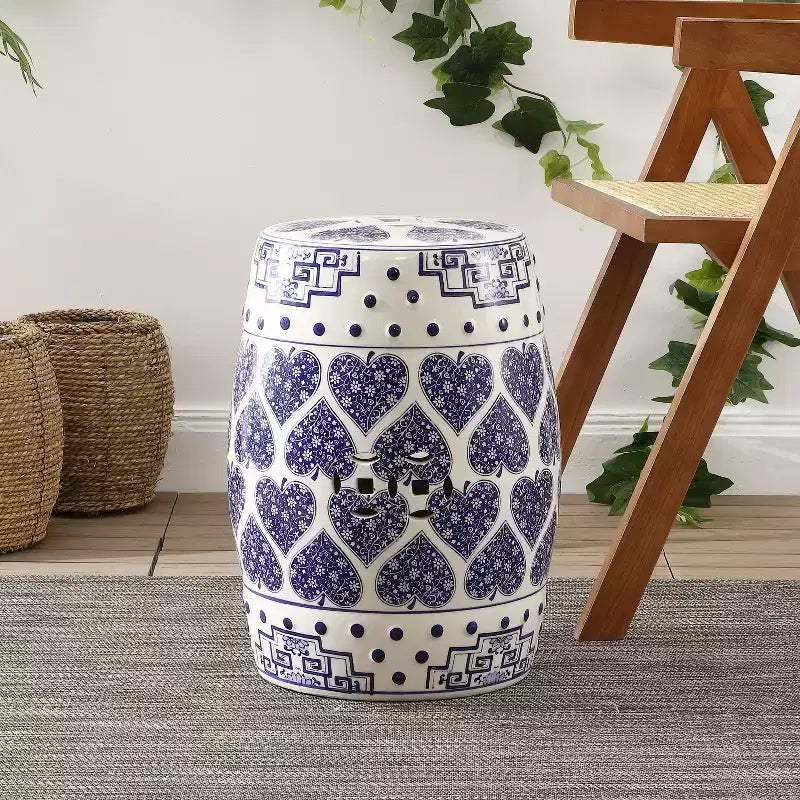 Sgabello da giardino/tavolino in ceramica blu e bianco stile Chinoiserie