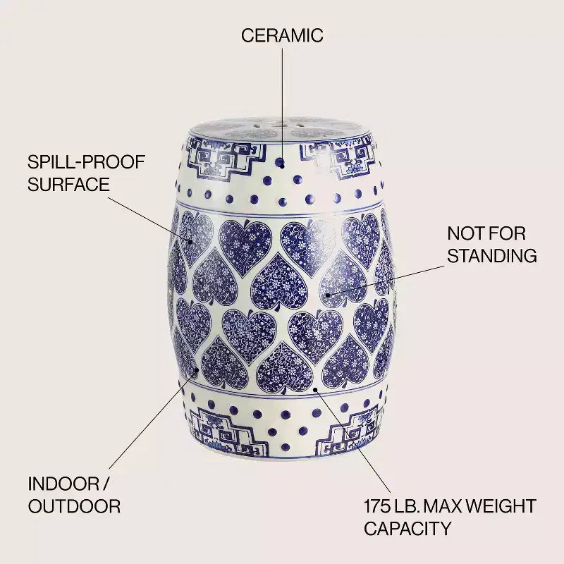 Sgabello da giardino/tavolino in ceramica blu e bianco stile Chinoiserie