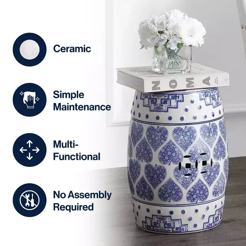 Sgabello da giardino/tavolino in ceramica blu e bianco stile Chinoiserie