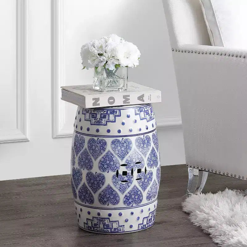 Sgabello da giardino/tavolino in ceramica blu e bianco stile Chinoiserie