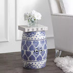 Sgabello da giardino/tavolino in ceramica blu e bianco stile Chinoiserie