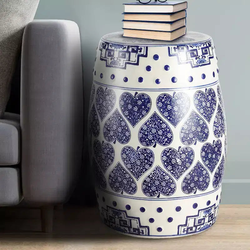 Sgabello da giardino/tavolino in ceramica blu e bianco stile Chinoiserie