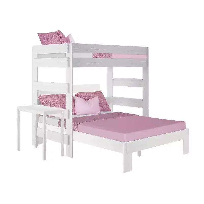 Letto a castello a L in stile rustico con scrivania, matrimoniale sopra queen size