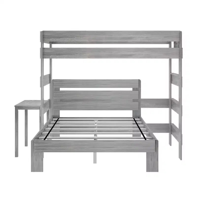 Letto a castello a L in stile rustico con scrivania, matrimoniale sopra queen size