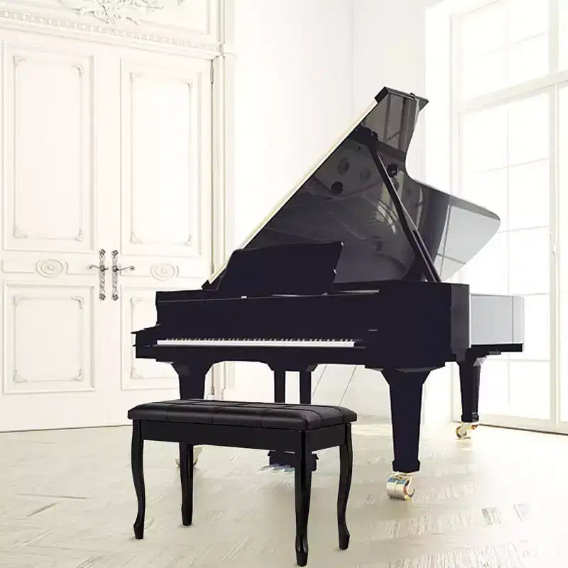Panca da pianoforte in legno e similpelle con portaoggetti – Doppio sedile, Nera