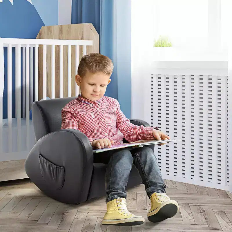 Divano Sedia a Dondolo per Bambini con Tasche Laterali, Poltroncina per Bambini in Pelle PU, Grigio