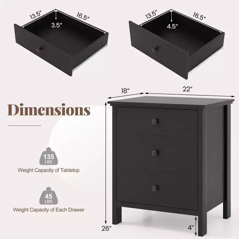 Comodino con 3 cassetti, Nero