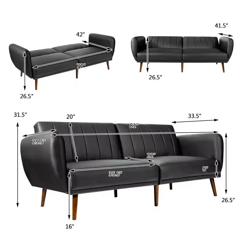 Divano Letto Futon Trasformabile con Schienale Regolabile e Gambe in Legno
