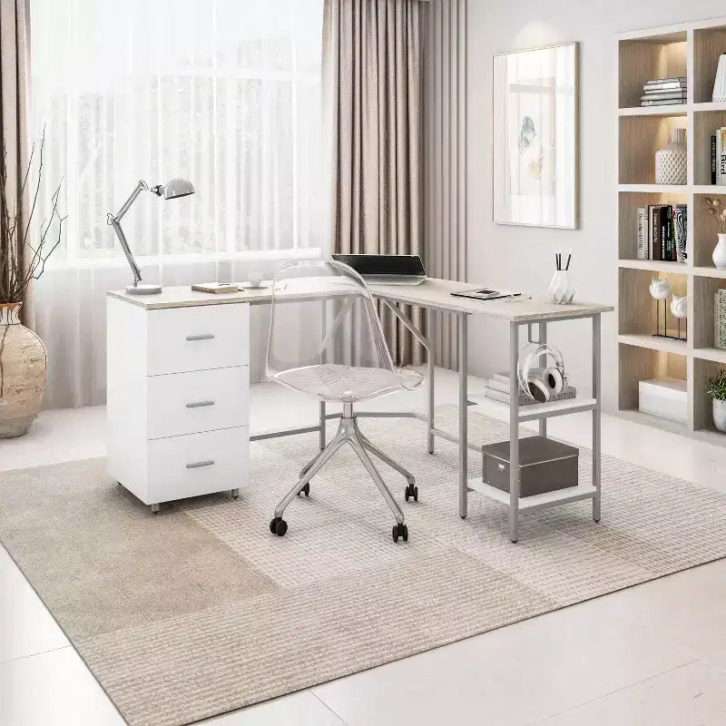 Scrivania a L per ufficio domestico bicolore con contenitore