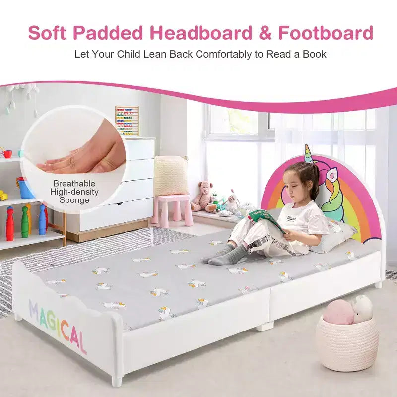 Costway Letto a Piattaforma Imbottito per Bambini, Dimensione Twin, in Legno, Motivo Unicorno