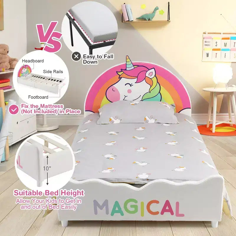 Costway Letto a Piattaforma Imbottito per Bambini, Dimensione Twin, in Legno, Motivo Unicorno
