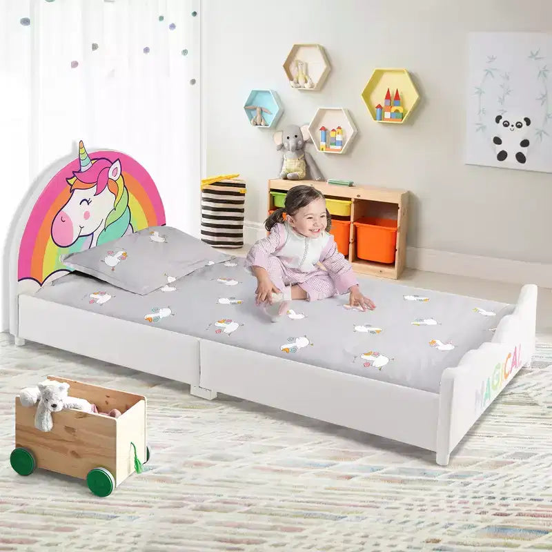 Costway Letto a Piattaforma Imbottito per Bambini, Dimensione Twin, in Legno, Motivo Unicorno